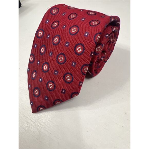 Dormeuil Red Geometric 100% Silk Tie w/ Classic Blue Accents Handmade in France - Picture 1 of 6